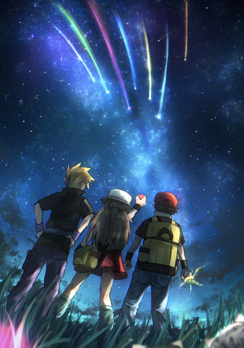 1girl 2boys absurdres arm_up backpack bag black_shirt blonde_hair blue_oak brown_hair from_behind grass hat highres holding holding_poke_ball leaf_(pokemon) long_hair multiple_boys night nintendo outdoors pants pleated_skirt poke_ball poke_ball_(basic) pokemon pokemon_frlg red_(pokemon) red_hat red_skirt shirt shiruko_(s1ruko) short_hair short_sleeves skirt sky socks spiked_hair star_(sky) white_hat wristband yellow_bag