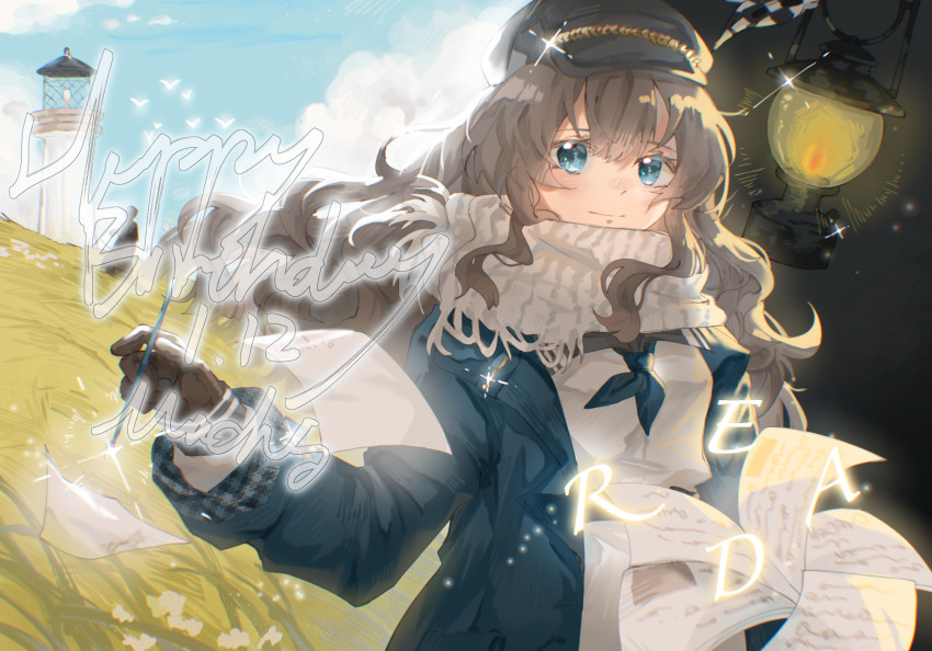 2girls again_nuo blue_coat blue_eyes blue_neckerchief blue_sky brown_gloves brown_hair closed_mouth cloud coat dated day dress flying_paper gloves grass greta_hofmann grey_hat happy_birthday hat highres hill holding holding_paper holding_pen lantern lighthouse long_hair looking_at_viewer marcus_(reverse:1999) multiple_girls neckerchief newsboy_cap outdoors paper pen reverse:1999 scarf simple_bird sky solo solo_focus sparkle upper_body white_dress white_scarf
