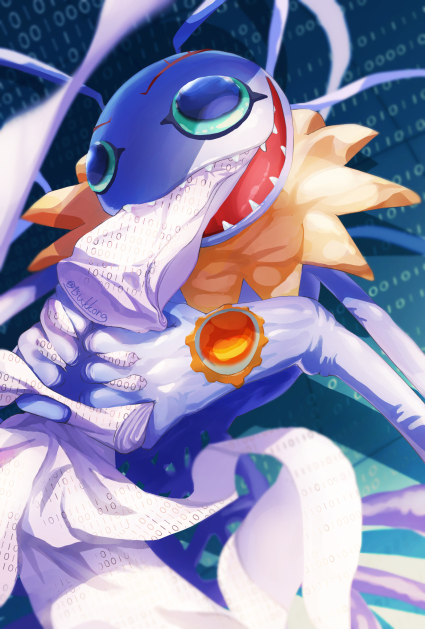 blurry blurry_background digimon digimon_(creature) digimon_adventure digimon_adventure:_bokura_no_war_game green_eyes highres keramon looking_at_viewer open_mouth receipt sharp_teeth solo teeth tsukkon twitter_username