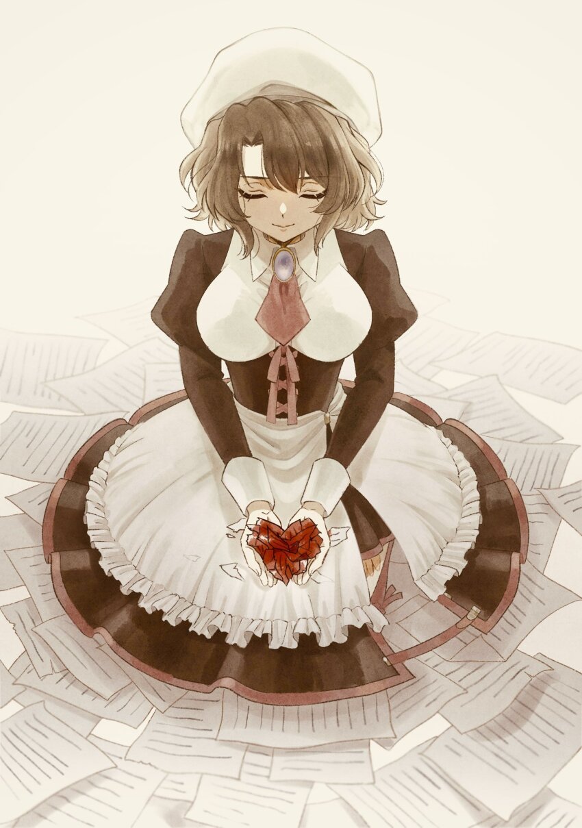 1girl apron asymmetrical_bangs black_dress blood blood_stain breasts brown_hair closed_eyes closed_mouth dress eyelashes flower hat highres holding holding_flower large_breasts loose_hair_strand maid maid_apron medium_hair paper parted_bangs red_flower red_rose rose shannon_(umineko) sitting smile solo suidousui umineko_no_naku_koro_ni white_hat