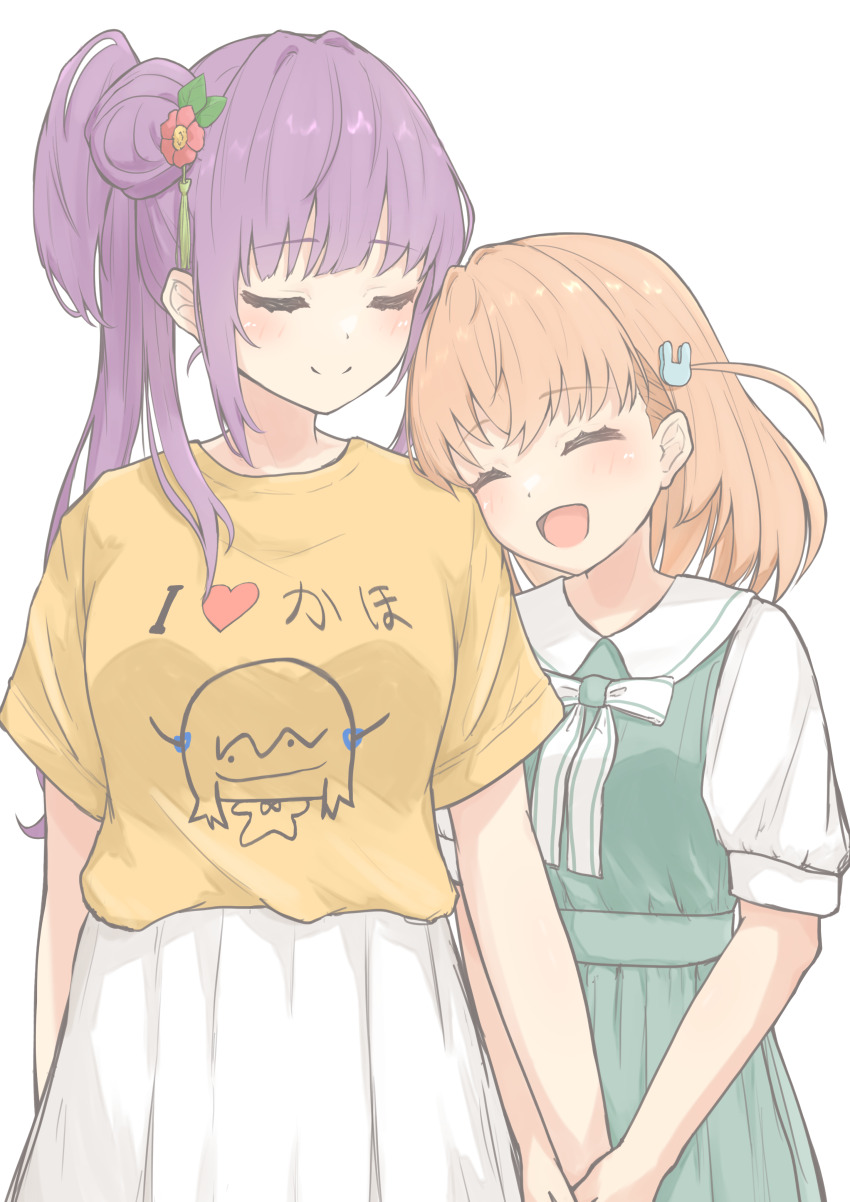 2girls ^_^ absurdres blush breasts cerise_bouquet character_print closed_eyes closed_mouth collared_dress commentary cowboy_shot crossed_bangs doodles dress flower green_dress hair_bun hair_flower hair_ornament highres hinoshita_kaho i_heart... link!_like!_love_live! lone_nape_hair long_hair love_live! medium_breasts medium_hair multiple_girls neck_ribbon open_mouth orange_hair orange_shirt otomune_kozue pleated_skirt puffy_short_sleeves puffy_sleeves purple_hair rabbit_hair_ornament red_flower ribbon shirt short_sleeves side_ponytail sidelocks simple_background single_side_bun skirt smile split_mouth translated two_side_up u_u virtual_youtuber white_background white_ribbon white_skirt white_sleeves yuri zacuro