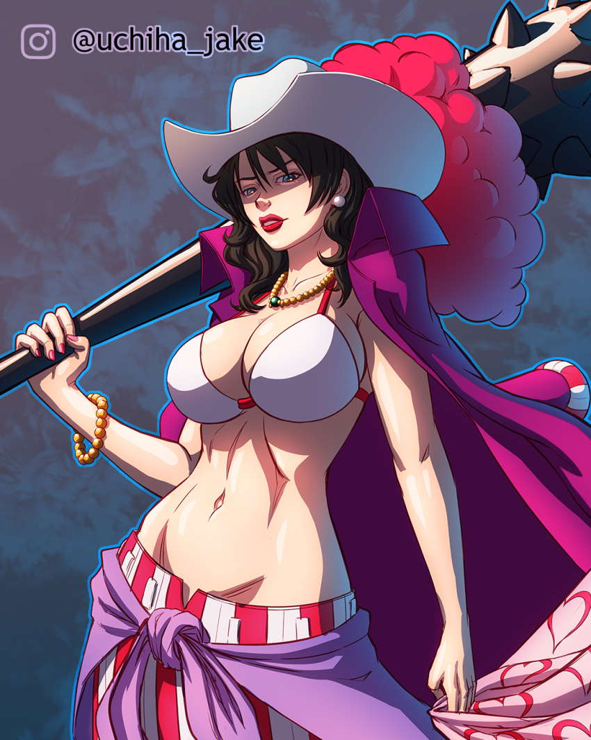 1girl alvida_(one_piece) artist_name bikini bikini_top_only black_hair blue_eyes breasts cleavage club club_(weapon) commentary commission english_commentary hat hat_feather highres holding holding_weapon instagram_logo instagram_username jewelry large_breasts lips lipstick long_hair makeup midriff nail_polish navel necklace one_piece pearl_necklace pink_nails red_lips solo spiked_club swimsuit teeth uchiha_jake weapon white_hat