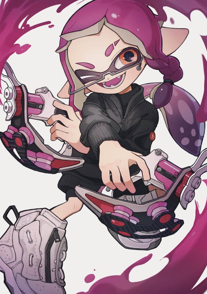 1girl ;d asymmetrical_hair black_shorts black_sweater blue_pupils braid crossed_arms dual_wielding eyebrow_cut fangs glasses grey-framed_eyewear highres holding holding_weapon inkling inkling_girl inkling_player_character large_shoes long_hair long_sleeves nintendo one_eye_closed open_mouth orange_eyes pink_hair pointy_ears shoes shorts simple_background single_braid smile solo splatoon_(series) splatoon_3 sweater tentacle_hair tetra_dualies_(splatoon) weapon white_background white_shoes yattpki3wfyvsm5 zipper_pull_tab