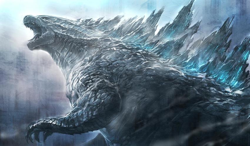 angry backlighting black_eyes claws destruction fog glowing godzilla godzilla:_king_of_the_monsters godzilla_(2014) godzilla_(monsterverse) godzilla_(series) kaiju legendary_pictures looking_at_viewer michairu monster monsterverse no_humans open_mouth radiation realistic scales sharp_teeth simple_background smoke teeth toho tongue