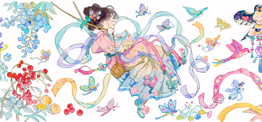 1girl aqua_bird aqua_shoes bird blue_flower brown_hair bug butterfly chinese_clothes closed_eyes flower full_body hair_ornament hanfu happy highres insect kite long_sleeves on_swing open_mouth original pink_bird pink_butterfly putong_xiao_gou shoes sitting solo swing tassel white_background yellow_butterfly