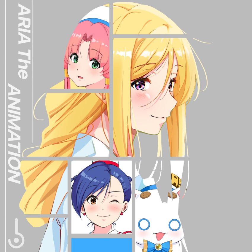 3girls aika_granzchesta alicia_florence andanden aria_(manga) aria_company_uniform aria_pokoteng asymmetrical_hair beret blonde_hair blue_bow blue_bowtie blue_hair blush bow bowtie braid braided_ponytail brown_eyes cat closed_mouth copyright_name earrings eyelashes gold_trim green_eyes grey_background hair_between_eyes hair_tubes hat highres himeya_company_uniform jewelry looking_at_viewer multiple_girls one_eye_closed parted_bangs pink_hair purple_eyes short_hair_with_long_locks sidelocks simple_background smile twintails upper_body white_cat white_hat