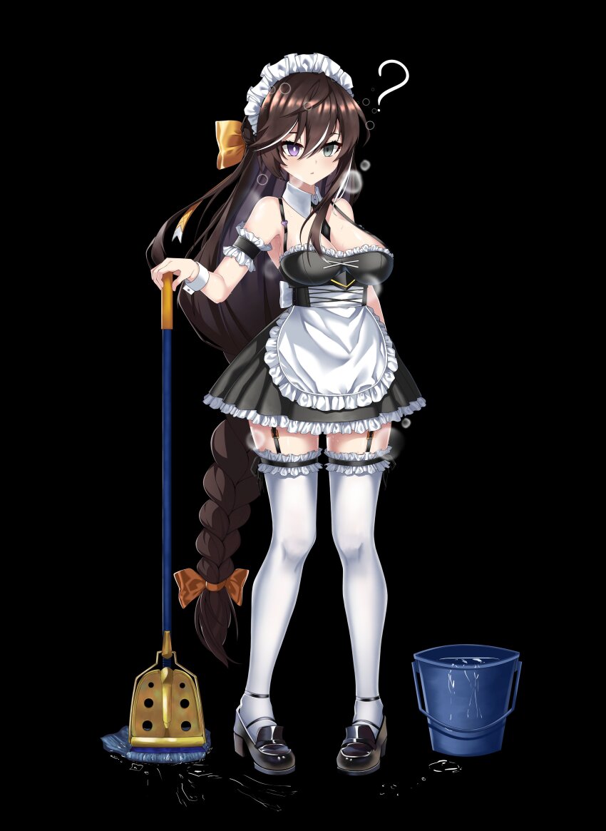 1girl ? absurdres alternate_costume apron armband between_breasts black_armband black_background black_dress black_garter_straps black_necktie black_shoes bow braid breasts bright_pupils brown_hair bucket cleavage commentary counter:side detached_collar dress empty_eyes enmaided frilled_apron frilled_armband frilled_dress frilled_thighhighs frills full_body garter_straps grey_eyes hair_bow half_updo heavy_breathing heterochromia highres holding holding_mop karin_wong large_breasts loafers long_hair low-braided_long_hair low-tied_long_hair maid maid_apron maid_headdress mismatched_pupils mop multicolored_hair necktie necktie_between_breasts pigeon-toed purple_eyes shoes short_dress simple_background single_braid solo spill standing streaked_hair thighhighs very_long_hair water wbs white_apron white_hair white_pupils white_thighhighs wrist_cuffs