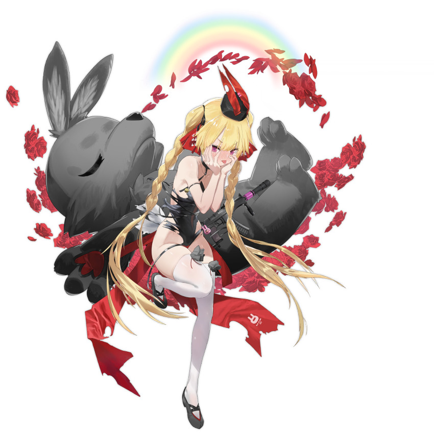 1girl animal_ears black_leotard black_ribbon black_shoes blonde_hair blush braided_twintails choker collarbone fake_animal_ears fingernails flower full-face_blush full_body girls&#039;_frontline hands_on_own_cheeks hands_on_own_face hat hat_with_ears highres leotard looking_at_viewer o-ring o-ring_choker official_art pandegg petals purple_eyes rabbit_ears rainbow red_ribbon ribbon rose rose_petals shoes skindentation solo sparkle sr-3mp sr-3mp_(a_gift_of_guns_n&#039;_roses)_(girls&#039;_frontline) sr-3mp_(girls&#039;_frontline) standing standing_on_one_leg stuffed_animal stuffed_rabbit stuffed_toy suppressor thighhighs third-party_source tongue tongue_out torn_clothes torn_hat torn_leotard twintails v-shaped_eyebrows vertical_foregrip white_thighhighs