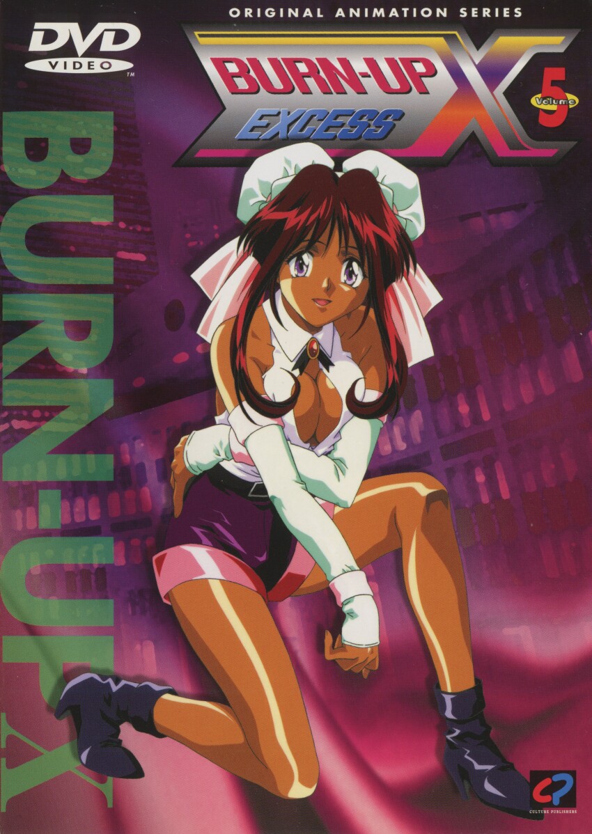 absurdres bolo_tie breasts brown_hair burn-up burn-up_excess cleavage cleavage_cutout clothing_cutout dark-skinned_female dark_skin double_bun hair_bun highres large_breasts nanvel_candlestick non-web_source purple_eyes short_shorts shorts yamashita_toshinari