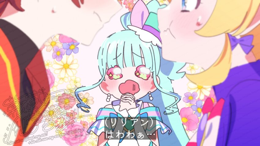 1boy 2girls :t absurdres aqua_brooch aqua_hair aqua_hat bare_shoulders black_shirt blonde_hair blue_eyes blue_sleeves blunt_bangs blush bow bow_earrings bowtie brooch brown_hair capelet close-up closed_mouth clothing_cutout collared_capelet commentary_request cure_friendy cure_lillian dress earrings face-to-face fake_screenshot floral_background frilled_arm_warmers frilled_headwear hat hat_bow heart heart_brooch hetero high_side_ponytail highres imminent_kiss interlocked_fingers inukai_iroha jewelry large_bow long_hair magical_boy magical_girl mini_hat mini_top_hat multiple_girls nekoyashiki_mayu orange_sailor_collar own_hands_clasped own_hands_together pink_background pink_bow pink_bowtie pink_eyes pout precure purple_brooch purple_capelet robe sailor_collar serizawa_serizane shirt short_sleeves shoulder_cutout single_stripe sparkling_eyes sphere_earrings striped_bow striped_bowtie striped_clothes sweatdrop top_hat toyama_satoru translation_request turtleneck turtleneck_shirt twitter_username upper_body very_long_hair watermark watermark_grid wavy_mouth white_arm_warmers white_bow white_bowtie white_dress white_robe wonderful_precure!