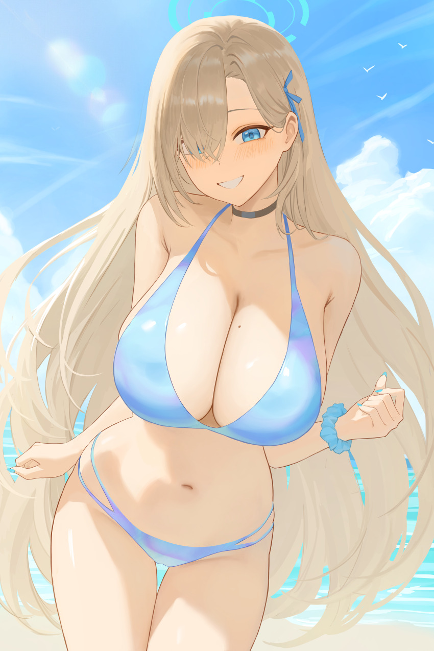 1girl absurdres alternate_costume asuna_(blue_archive) beach bikini black_choker blue_archive blue_bikini blue_halo blue_nails blue_ribbon blue_scrunchie breasts choker cleavage commentary day hair_ornament hair_over_one_eye hair_ribbon halo heine_(haloo1101) highres huge_breasts large_breasts light_brown_hair long_hair nail_polish navel outdoors ribbon scrunchie smile solo stomach swimsuit thigh_gap thighs water wrist_scrunchie