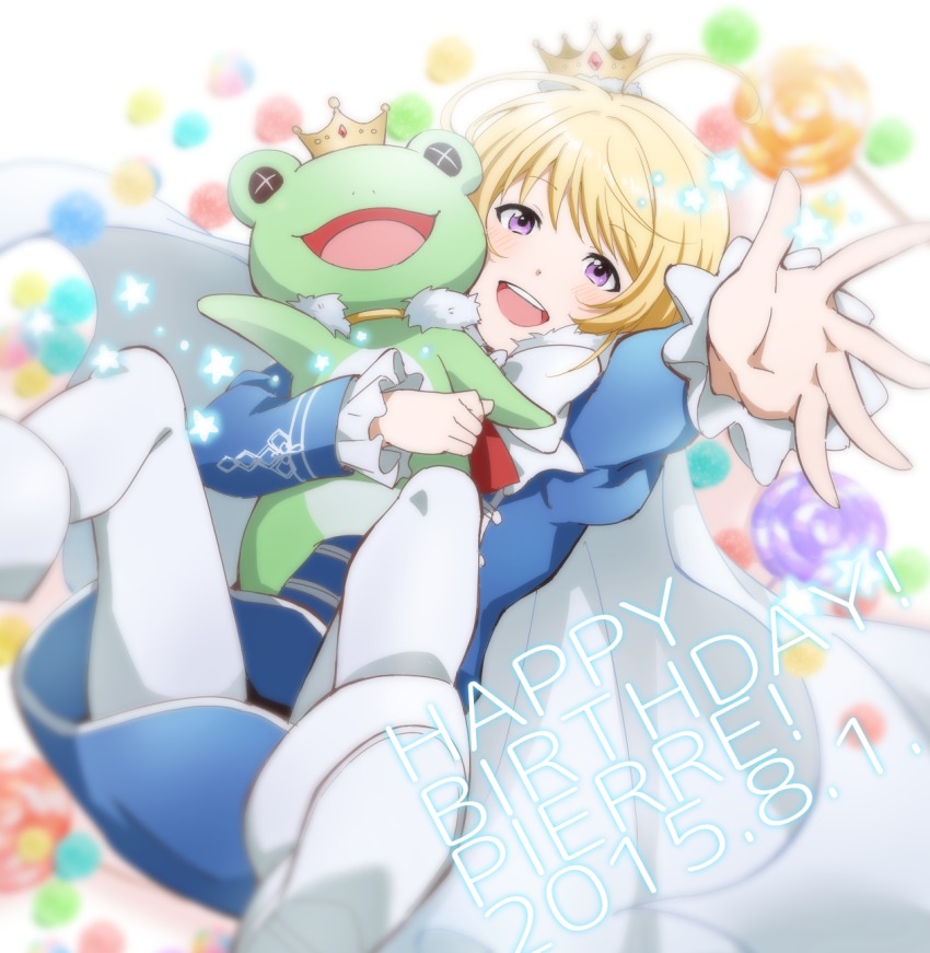 10s 1boy 2015 blonde_hair candy character_name cm10th dated earrings happy_birthday highres idolmaster idolmaster_side-m jewelry kaeru_(idolmaster) lollipop looking_at_viewer male_focus pantyhose pierre_(idolmaster) stuffed_animal stuffed_frog stuffed_toy swirl_lollipop white_legwear