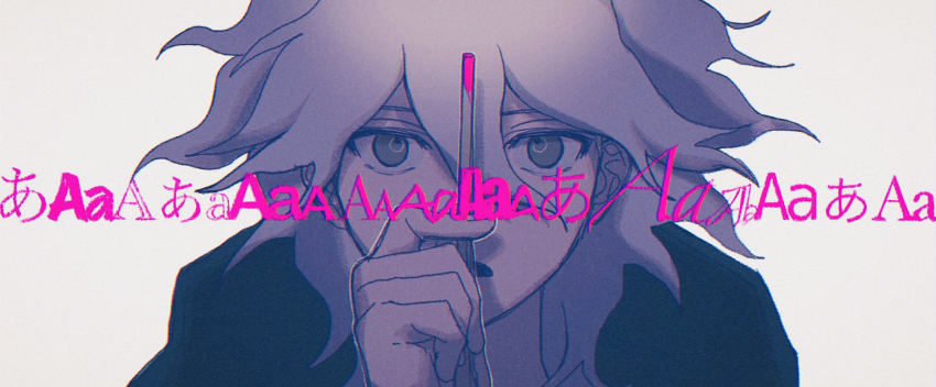1boy alphabet bad_id bad_pixiv_id blood brown_eyes danganronpa_(series) danganronpa_2:_goodbye_despair grey_background grey_hair hair_between_eyes hand_up harami_(qz48lr) highres holding hood hood_down hooded_jacket jacket komaeda_nagito looking_at_viewer medium_hair messy_hair open_mouth pink_blood portrait simple_background solo