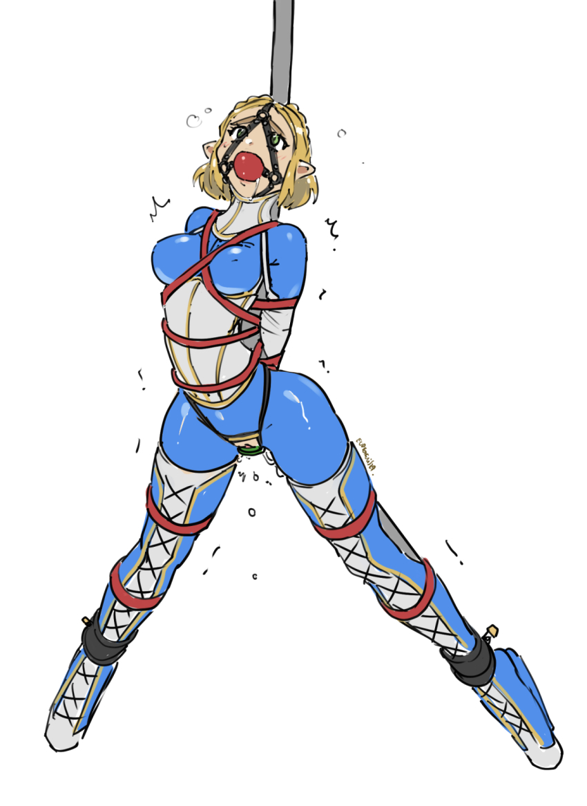 ankle_cuffs arms_behind_back ball_gag bdsm bondage bound dildo drooling eudetenis fixed_dildo forced_orgasm gag gagged highres latex latex_suit nintendo princess_zelda restrained sex_toy skin_tight spread_legs stationary_restraints the_legend_of_zelda