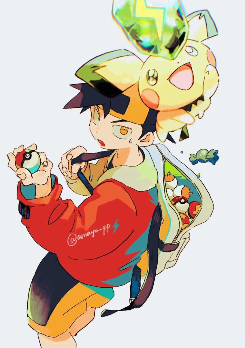 1boy amaya_uw apricorn backpack backwards_hat bag black_hair candy_wrapper ethan_(pokemon) evolution_stone evolutionary_stone game_freak gen_2_pokemon hat highres holding holding_poke_ball holding_strap jacket long_sleeves male_focus nintendo open_mouth orange_eyes pichu poke_ball poke_ball_(basic) pokemon pokemon_(creature) pokemon_gsc red_jacket short_hair shorts sweatdrop thunder_stone yellow_shorts