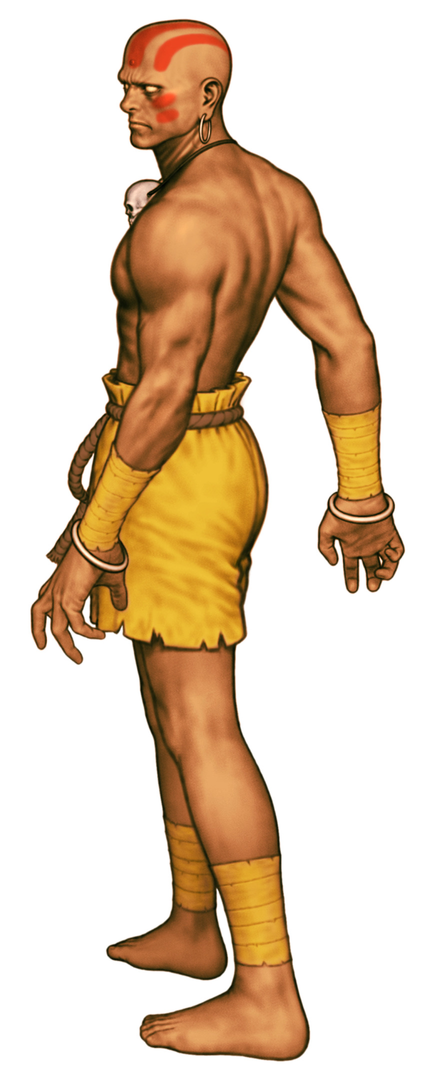 1boy absurdres bald barefoot bindi capcom_vs_snk dark_skin dhalsim earrings facepaint from_side frown game_cg highres jewelry leg_wrap looking_to_the_side male_focus mori_toshiaki necklace no_pupils non-web_source official_art rope_belt skull_necklace solo street_fighter white_background wrist_wrap