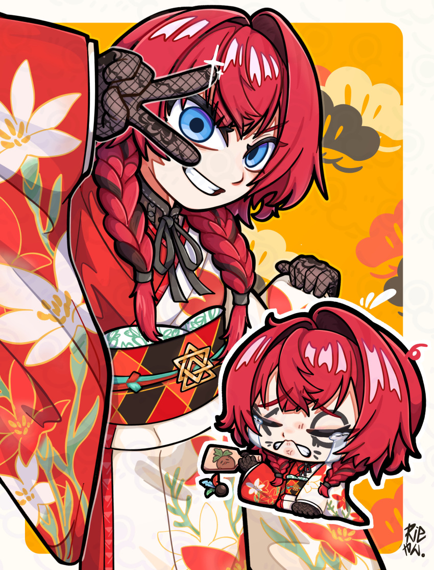 1girl absurdres ange_katrina ange_katrina_(new_year) arm_up artist_name asymmetrical_hair black_gloves black_sash blue_eyes border brown_hair chibi circle_facial_mark closed_eyes commentary_request crying facial_mark flat_chest floral_print floral_print_gloves floral_print_kimono furisode gloves grin hagoita hair_intakes highres japanese_clothes kimono lace lace_gloves long_hair looking_at_viewer low_twintails mandragora_(ange_katrina) multicolored_hair multicolored_sash multiple_views nijisanji obi obiage obidome obijime orange_background orange_sash outline outside_border paddle print_kimono raised_inner_eyebrows red_hair red_kimono red_sash rieyan sash shuttlecock smile sparkle streaked_hair streaming_tears tears twintails two-tone_hair v v_over_eye virtual_youtuber white_border white_kimono white_outline x x_facial_mark