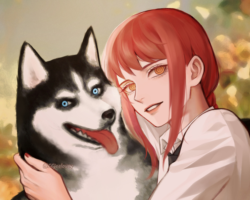 1girl black_necktie blue_eyes braid braided_ponytail chainsaw_man commentary czy_(2894456992) dog english_commentary makima_(chainsaw_man) necktie orange_eyes red_hair sidelocks single_braid tongue tongue_out twitter_username