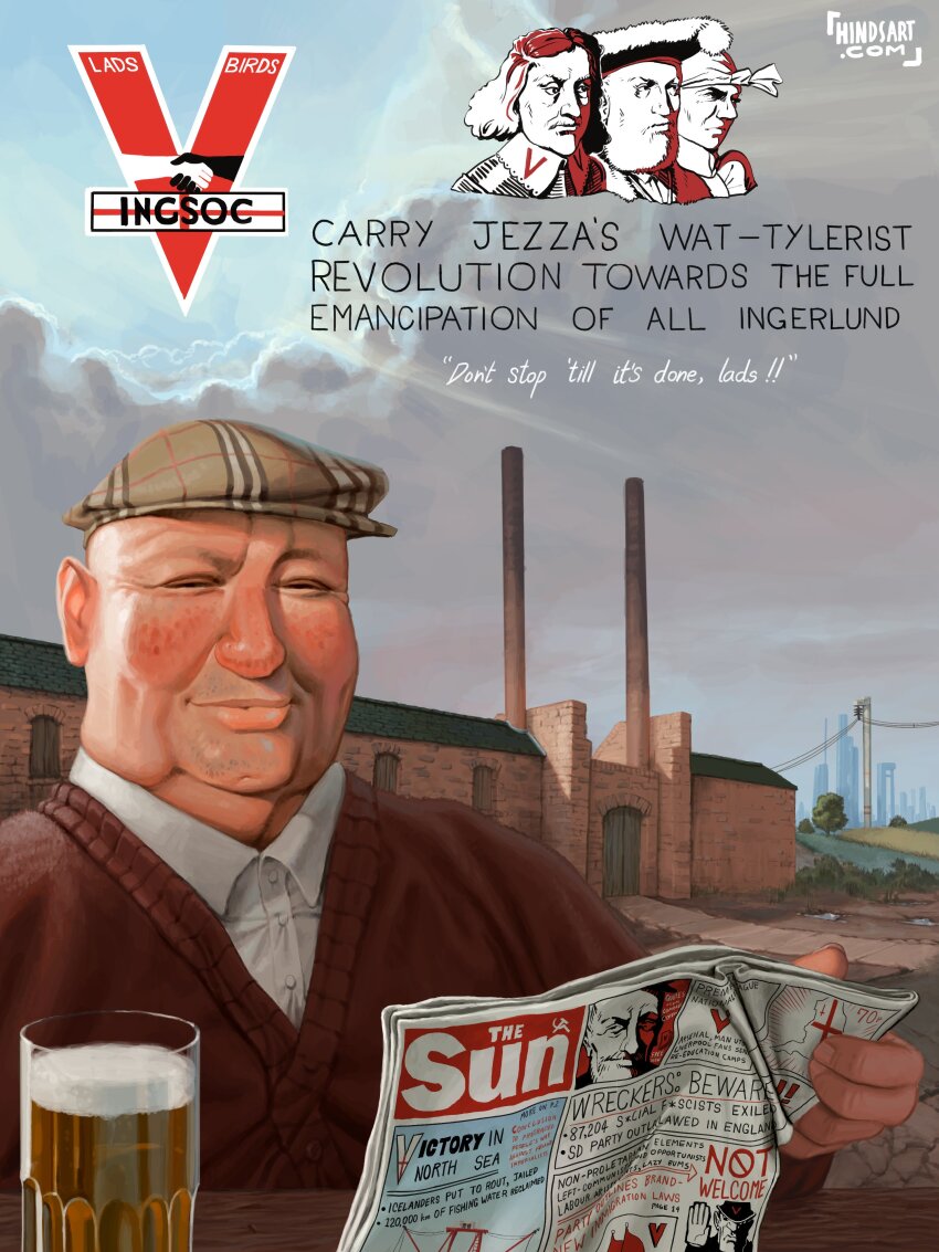 1984_(novel) 1boy absurdres alcohol barry_63_(meme) beer cardigan closed_eyes collared_shirt cup drinking_glass english_text factory flat_cap freckles hat highres hindsart meme newspaper parody power_lines shirt solo table the_sun_(newspaper) united_kingdom white_shirt