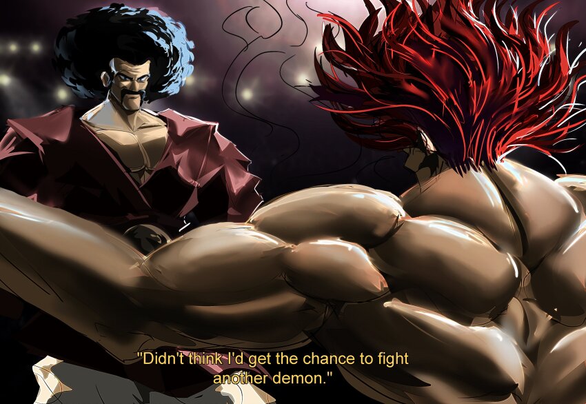 2boys absurdres afro black_hair collarbone commentary crossover dragon_ball dragonball_z english_commentary english_text facial_hair floating_hair grappler_baki hair_behind_ear handlebar_mustache hanma_yujiro highres long_hair male_focus mr._satan multiple_boys muscular muscular_male mustache pants pectoral_cleavage pectorals red_hair red_shirt shirt smile subtitled venommoe white_pants