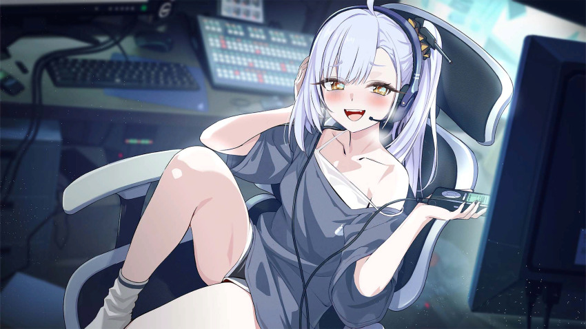 1girl aged_up ahoge artist_request asymmetrical_bangs azur_lane blurry blurry_background blush breasts breath camisole chair collarbone computer computer_keyboard computer_mouse depth_of_field desk digital_media_player dolphin_shorts gaming_chair grey_hair grey_shirt grey_socks hair_ornament hand_on_headphones headphones headset highres holding indoors knee_up long_hair looking_at_viewer loose_clothes loose_shirt microphone monitor non-web_source oceana_(azur_lane) off_shoulder official_art on_chair open_mouth ponytail shirt short_shorts short_sleeves shorts side_ponytail siren_(azur_lane) sitting smile socks solo strap_slip swivel_chair teeth thighs white_camisole yellow_eyes