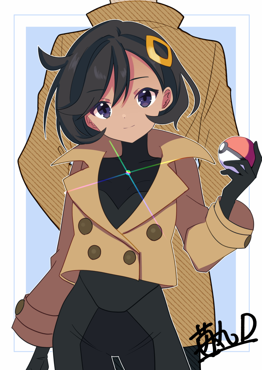 1boy 1girl absurdres aged_up back-to-back black_bodysuit black_gloves black_hair bodysuit bodysuit_under_clothes brown_jacket closed_mouth coat commentary_request cowlick dark-skinned_female dark_skin emma_(pokemon) gloves glowing hair_between_eyes hair_ornament highres holding holding_poke_ball ichigomaru_d jacket latex latex_bodysuit looker_(pokemon) looking_at_viewer mega_stone nintendo poke_ball poke_ball_(basic) pokemon pokemon_legends:_z-a pokemon_xy purple_eyes short_hair sidelocks signature smile solo_focus standing stomach swept_bangs trench_coat
