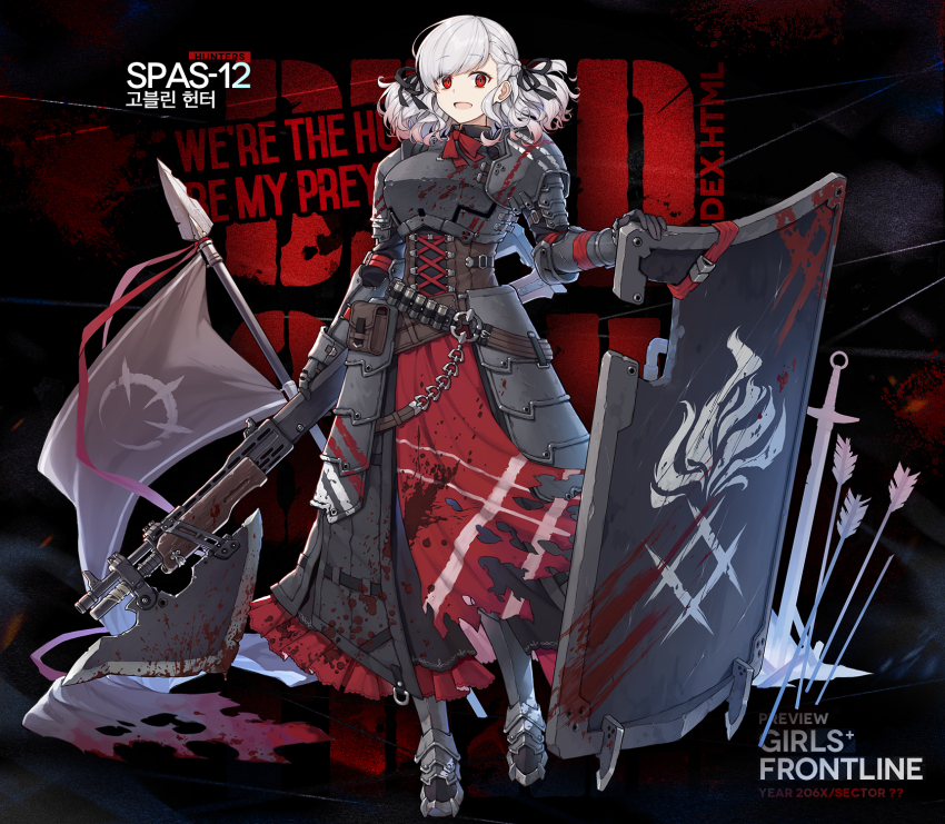 12-gauge 12-gauge_(2_3/4_inch_shell) 1girl ammunition armor armored_dress arrow_(projectile) axe ballistic_shield belt black_background black_ribbon blood blood_drip blood_on_clothes blood_on_face bloody_weapon braid breastplate breasts character_name corset crazy_eyes dress dual-mode_shotgun female_focus flag franchi full_body girls&#039;_frontline gloves gradient_hair greaves grey_hair gun high_brass highres holding holding_gun holding_weapon large_breasts long_hair looking_at_viewer multicolored_hair name_connection official_alternate_costume official_art overpressure_ammunition plate_armor polearm pouch pump-action_shotgun pump_action red_eyes red_hair ribbon semi-automatic_shotgun shield shotgun shotgun_shell sidelocks smile solo spas-12 spas-12_(girls&#039;_frontline) spas-12_(goblin_huntress)_(girls&#039;_frontline) spear sword terras torn_clothes twintails weapon