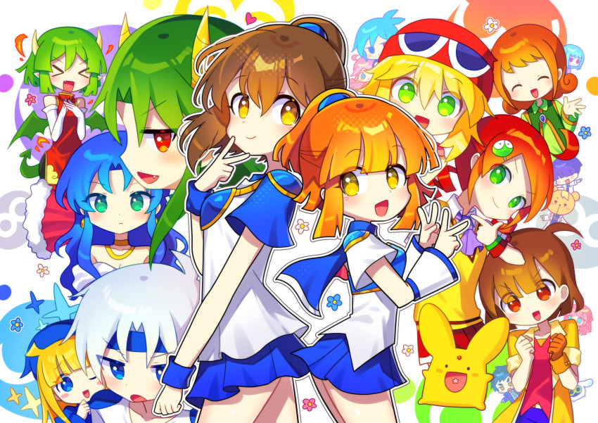 &gt;_&lt; 5boys 6+girls :d :o absurdres amitie_(puyopuyo) andou_ringo arle_nadja black_pants blonde_hair blue_eyes blue_hair blue_skirt brown_gloves brown_hair carbuncle_(puyopuyo) character_request china_dress chinese_clothes closed_mouth draco_centauros dragon_girl dragon_horns dragon_tail dragon_wings dress drill_hair earrings elbow_gloves fang gloves green_eyes green_hair grey_hair highres horns jewelry long_hair long_sleeves madou_monogatari multiple_boys multiple_girls offbeat one_eye_closed open_mouth pants puyopuyo puyopuyo_fever raffina_(puyopuyo) red_dress red_eyes red_hair rulue_(puyopuyo) satan_(puyopuyo) schezo_wegey short_hair short_sleeves sig_(puyopuyo) single_glove skirt sleeveless sleeveless_dress smile tail twin_drills v white_gloves wings witch_(puyopuyo) xd