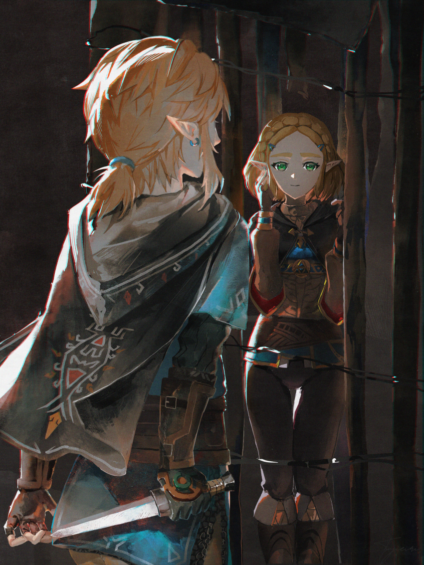 1boy 1girl absurdres black_capelet black_gloves blonde_hair blue_shirt braid cage capelet champion&#039;s_tunic_(zelda) closed_mouth commentary_request crown_braid earrings fingerless_gloves gloves green_eyes hair_ornament hairclip highres holding holding_behind_back holding_sword holding_sword_behind_back holding_weapon holding_weapon_behind_back hood hood_down hooded_capelet jewelry link long_sleeves looking_at_another medium_hair nintendo parted_bangs pointy_ears princess_zelda shirt short_hair short_sword signature smile sword the_legend_of_zelda the_legend_of_zelda:_tears_of_the_kingdom triforce_print tsujieiri weapon yiga_clan yiga_clan_footsoldier