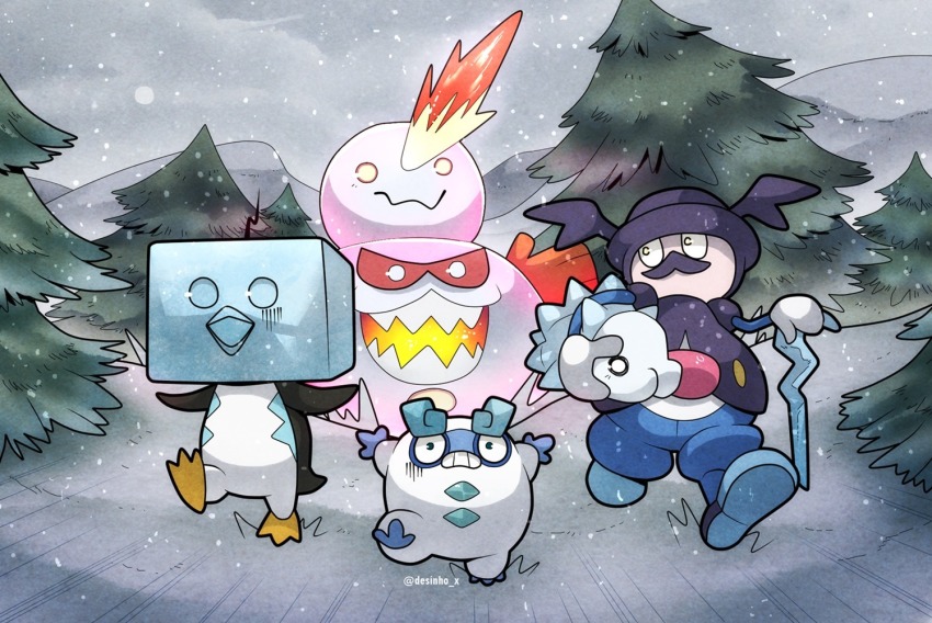 carrying commentary creature day eiscue eiscue_(ice) english_commentary facial_hair full_body galarian_darmanitan galarian_darmanitan_(zen) galarian_darumaka galarian_form game_freak gen_8_pokemon holding holding_pokemon looking_at_another mr._rime mustache nintendo no_humans outdoors pine_tree pokemon pokemon_(creature) signature snom snow snowing standing standing_on_one_leg studiompup tree walking