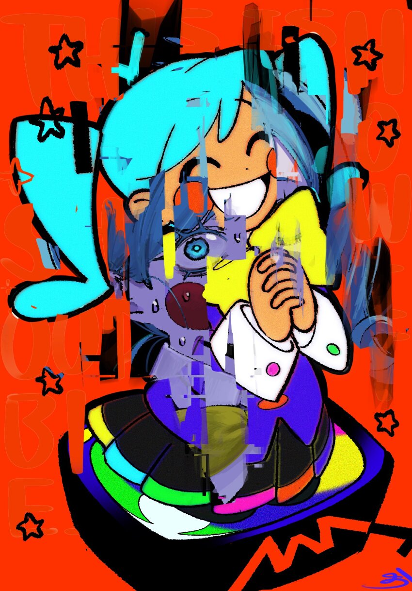 2girls :d ^_^ aqua_eyes aqua_hair black_skirt blue_jacket bow bowtie chibi closed_eyes colored_eyelashes commentary dual_persona english_commentary glitch hatsune_miku highres jacket long_hair looking_at_viewer multiple_girls okurahomamikusa open_mouth own_hands_clasped own_hands_together pleated_skirt red_background skirt smile static_(vocaloid) sweat twintails vocaloid wide-eyed yellow_bow yellow_bowtie