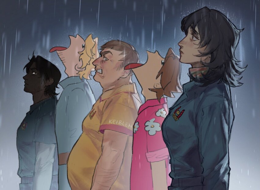 1girl 4boys anya_(mouthwashing) beard_stubble black_hair blonde_hair blue_jumpsuit brown_hair clenched_teeth curly_(mouthwashing) curly_(pre-crash)_(mouthwashing) daisuke_(mouthwashing) everyone facial_hair floral_print from_side frown goku_and_vegeta_in_the_rain_(meme) jacket jimmy_(mouthwashing) jumpsuit keibleh looking_ahead looking_at_another medium_hair meme mouthwashing multiple_boys open_mouth pink_jacket rain shirt short_hair stubble swansea_(mouthwashing) teeth tongue tongue_out yellow_shirt