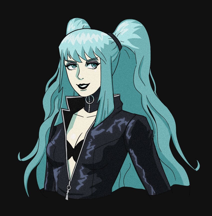 1girl aqua_eyes aqua_hair black_background black_bra black_jacket black_lips bra bra_peek breasts cleavage collarbone cosplay detached_collar devil_summoner:_soul_hackers devil_summoner_(series) hatsune_miku highres jacket leather leather_jacket lipstick long_hair looking_at_viewer makeup nemissa nemissa_(cosplay) ochotonart open_clothes open_jacket parted_lips simple_background solo twintails underwear upper_body vocaloid