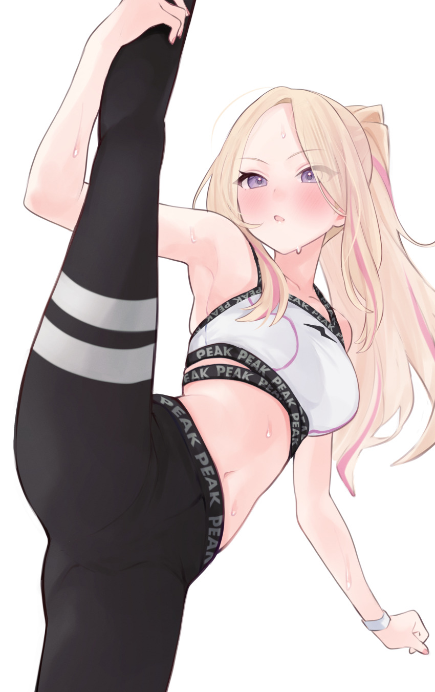 1girl absurdres armpits black_leggings blonde_hair blush breasts collarbone commentary_request forehead gakuen_idolmaster genmai_komeko highres holding_own_leg idolmaster juo_sena leg_up leggings long_hair looking_ahead medium_breasts midriff multicolored_hair navel pink_hair ponytail purple_eyes simple_background solo split sports_bra standing standing_on_one_leg standing_split streaked_hair sweat two-tone_hair very_long_hair white_background white_sports_bra