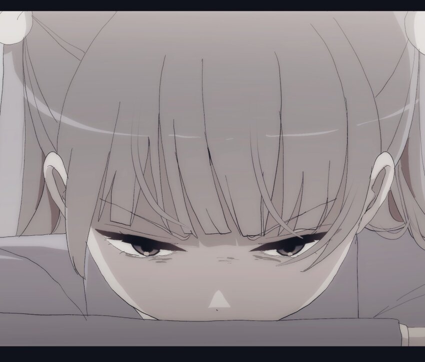1girl brown_hair commentary covered_mouth grey_jacket highres jacket letterboxed long_hair looking_at_viewer sakura_no_sekai solo symbol-only_commentary tsuruse two_side_up upper_body utsumi_sakura v-shaped_eyebrows