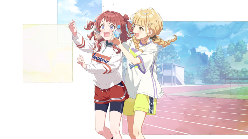 2girls bike_shorts bike_shorts_under_shorts blonde_hair blue_eyes bottle braid cloud english_text fujita_kotone gakuen_idolmaster game_cg grass hanami_saki highres holding idolmaster low_twin_braids multiple_girls official_art open_mouth red_hair shirt short_shorts shorts sportswear t-shirt track_and_field tree twin_braids twintails yellow_eyes yellow_shorts