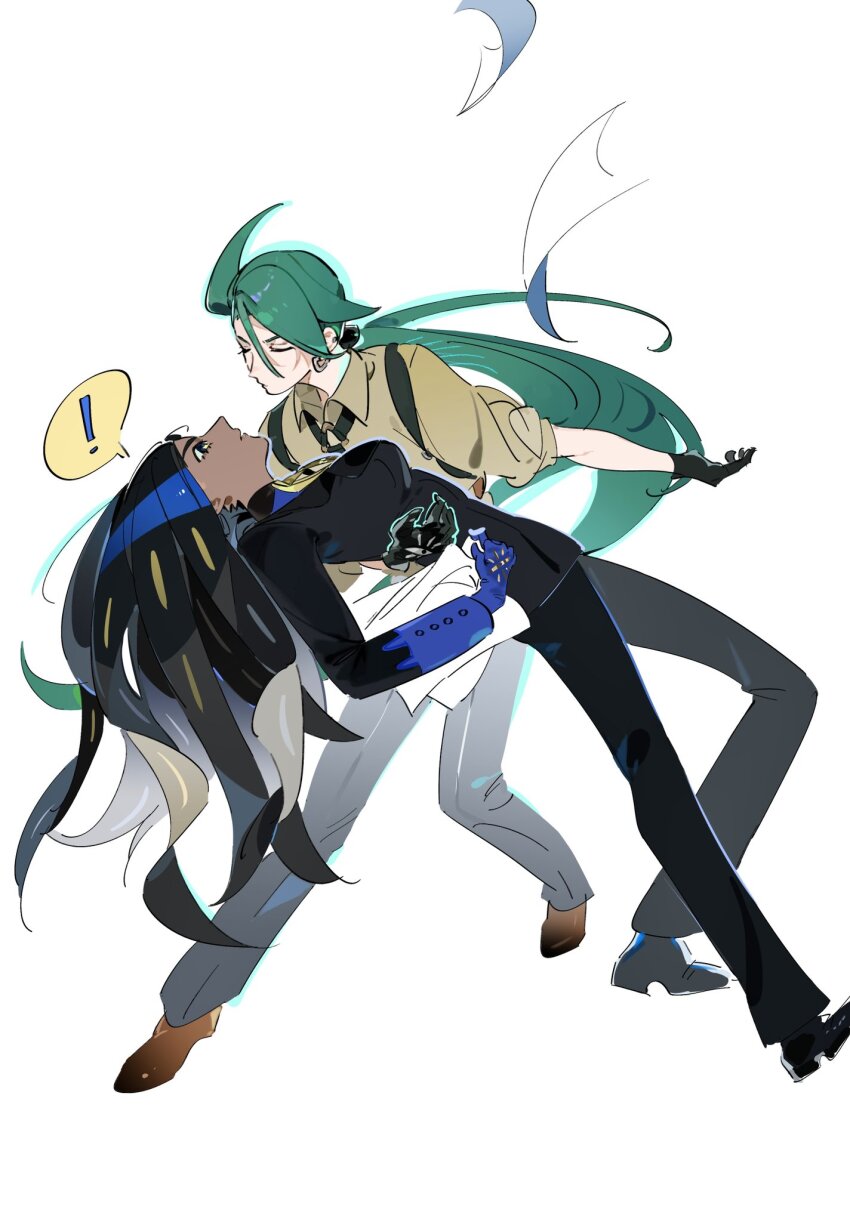 ! 2girls black_gloves black_hair black_jacket black_necktie black_pants blue_gloves blue_shirt breasts brown_shoes closed_eyes closed_mouth collared_shirt commentary dancing earrings geeta_(pokemon) geetasdog gloves green_hair highres jacket jewelry long_hair multiple_girls neck_ribbon necktie nintendo pants pokemon pokemon_sv ponytail ribbon rika_(pokemon) shirt shoes spoken_exclamation_mark standing suspenders white_background yellow_ribbon