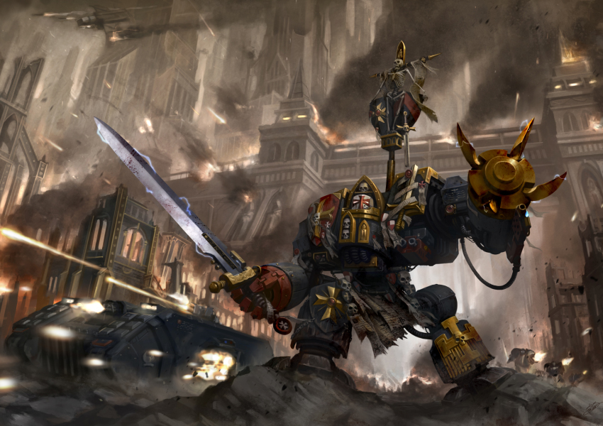 adeptus_astartes armor banner battle city crimson_fists cross dreadnought_(warhammer_40k) fire firing highres holding holding_sword holding_weapon iron_cross mecha no_humans okita power_armor realistic robot ruins seal_(animal) skeleton skull smoke sword totem warhammer_40k weapon
