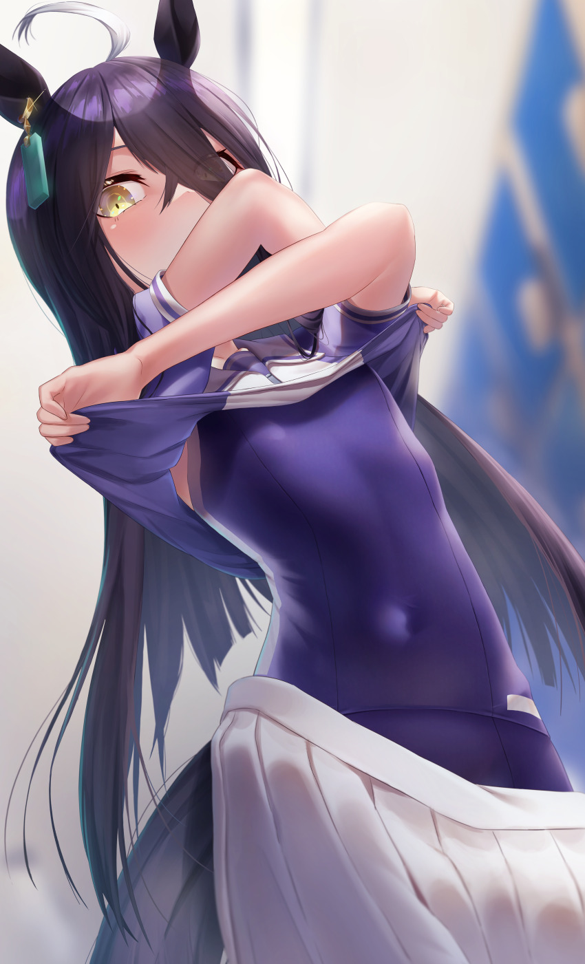 1girl absurdres ahoge animal_ears black_hair clothes_pull commentary_request dress ear_piercing earrings flat_chest highres horse_ears horse_girl jewelry lifting_own_clothes long_bangs long_hair manhattan_cafe_(umamusume) piercing pleated_dress purple_shirt reo-illust4696 school_swimsuit school_uniform serafuku shirt single_earring skirt skirt_pull solo swimsuit swimsuit_under_clothes tracen_school_uniform tracen_swimsuit umamusume white_hair white_skirt yellow_eyes