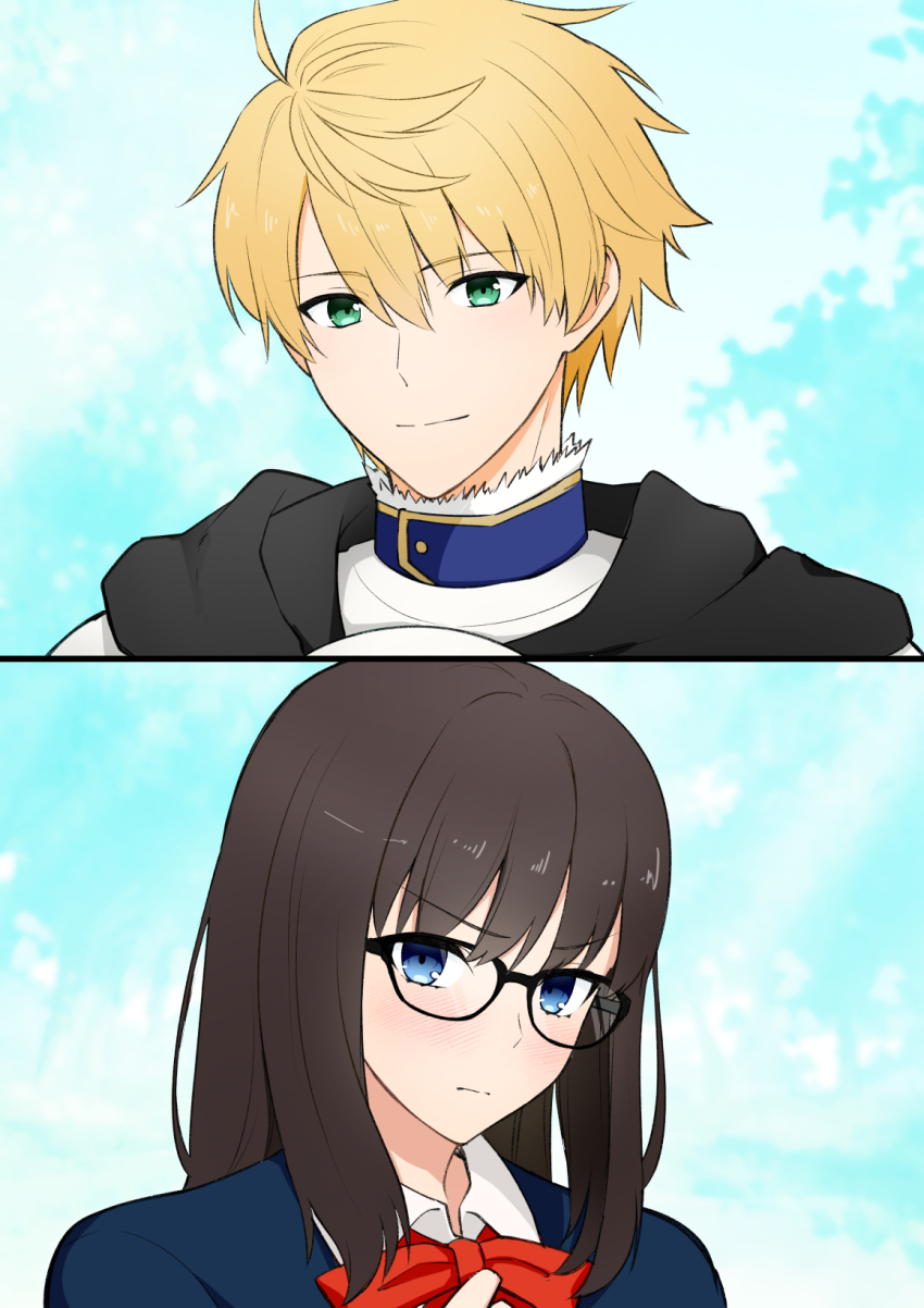 1boy 1girl arthur_pendragon_(fate) black_cape blonde_hair blue_eyes bow bowtie brown_hair cape commentary_request fate/prototype fate_(series) glasses green_eyes highres red_bow red_bowtie sajou_ayaka_(fate/prototype) school_uniform smile torinonest