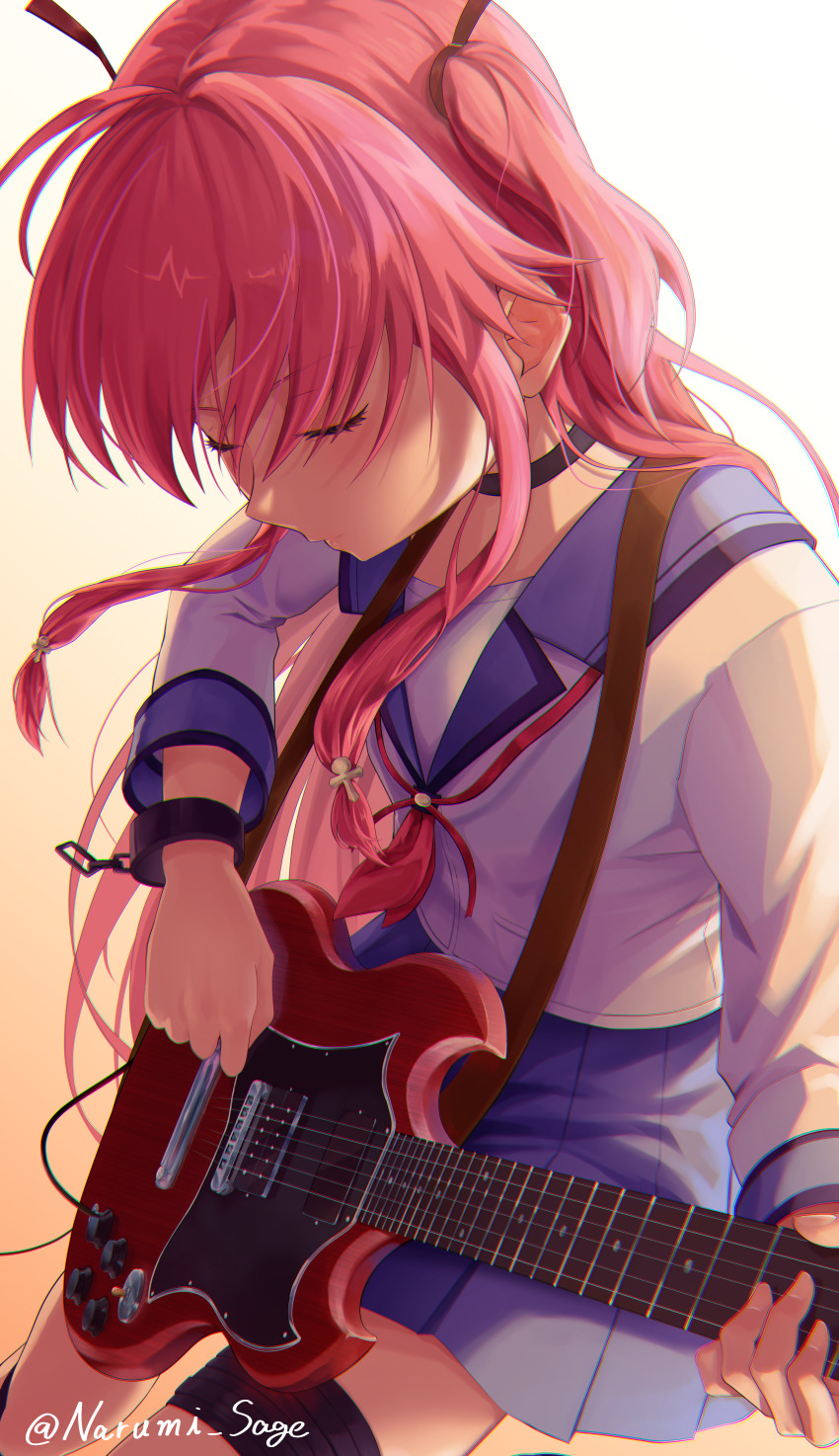 1girl absurdres angel_beats! backlighting black_choker blue_sailor_collar blue_skirt choker closed_eyes closed_mouth commentary_request cowboy_shot eyelashes floating_hair guitar hair_between_eyes highres holding holding_guitar holding_instrument instrument light_smile long_hair long_sleeves miniskirt narumi_sage neckerchief pink_hair pink_neckerchief playing_guitar playing_instrument pleated_skirt sailor_collar shinda_sekai_sensen_uniform shirt sidelocks simple_background skirt solo thigh_strap three_quarter_view twitter_username two_side_up very_long_hair white_shirt yui_(angel_beats!)