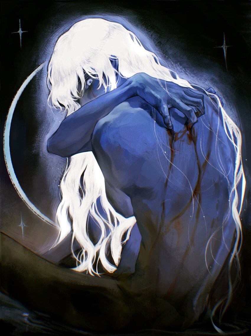 1boy akemi_08 berserk black_background blood blood_on_back blood_on_face bloody_tears blue_skin colored_skin completely_nude covered_mouth crescent_moon feet_out_of_frame from_behind glowing glowing_eye griffith_(berserk) hand_on_back highres long_hair looking_at_viewer looking_back male_focus moon nude purple_eyes scratching scratching_back sitting solo sparkle wavy_hair white_hair