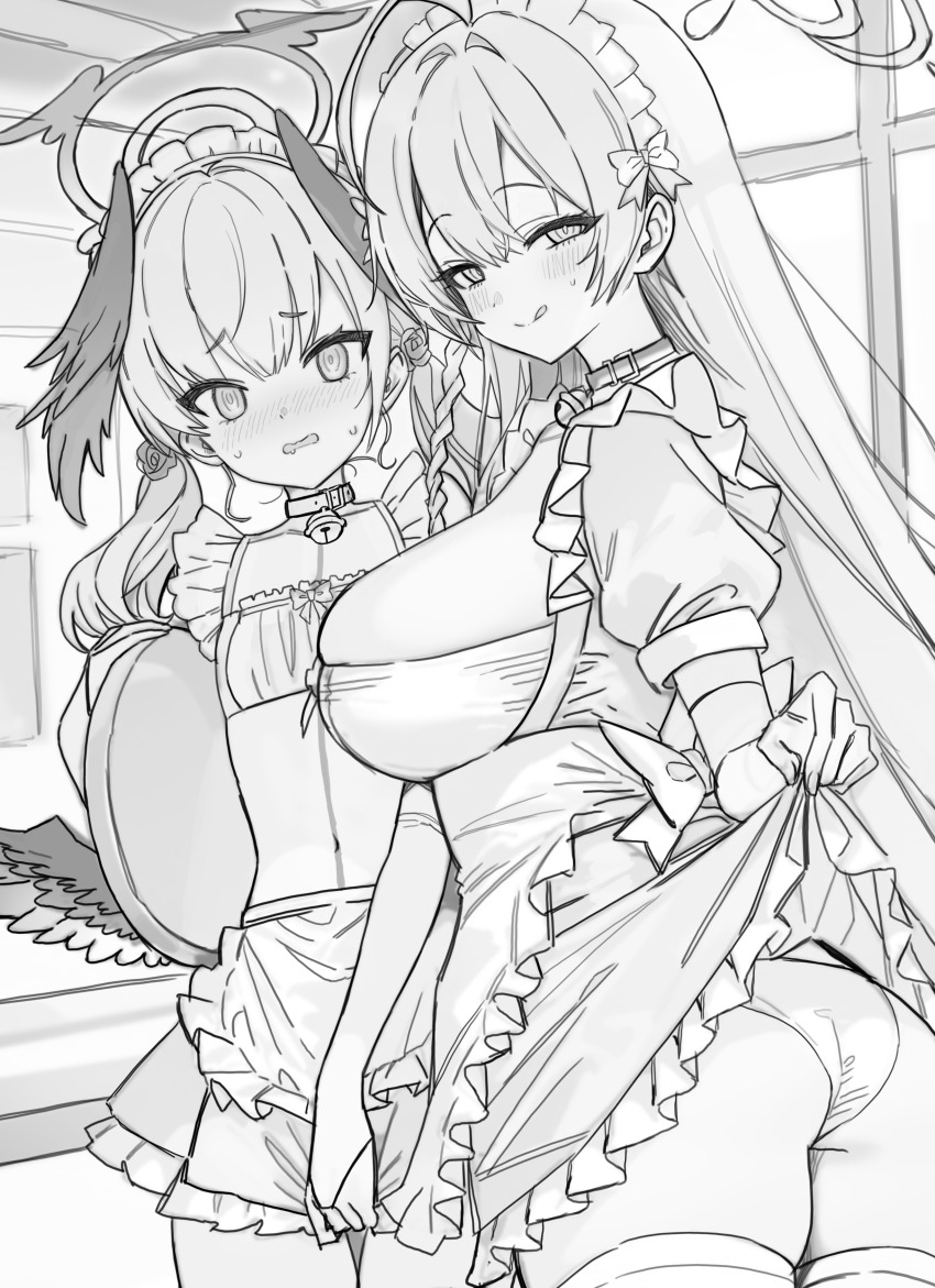 2girls absurdres alternate_costume apron blush breasts enmaided freng greyscale halo hanako_(blue_archive) head_wings highres koharu_(blue_archive) large_breasts long_hair looking_at_viewer maid maid_headdress monochrome multiple_girls panties sketch thighhighs underwear wings