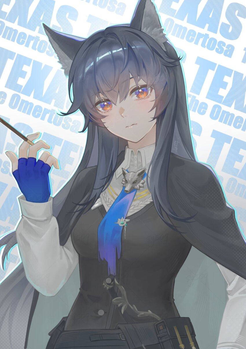 1girl animal_ear_fluff animal_ears arknights between_fingers black_cape black_hair black_vest bolo_tie buttons cape character_name closed_mouth collared_shirt commentary fingerless_gloves food gloves grey_cape hair_between_eyes halftone highres holding holding_food holding_pocky light_blush long_hair long_sleeves looking_at_viewer multicolored_eyes official_alternate_costume orange_eyes pocky purple_eyes purple_gloves shirt solo sy509 texas_(arknights) texas_the_omertosa_(arknights) two-sided_cape two-sided_fabric two-tone_eyes upper_body vest white_shirt wolf_ears wolf_girl