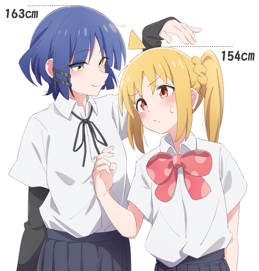 2girls ahoge black_shirt blonde_hair blue_hair blue_skirt blush bocchi_the_rock! bow bowtie collared_shirt detached_ahoge eitopondo eyes_visible_through_hair frown hair_between_eyes hair_ornament hand_on_another&#039;s_chest height_difference height_envy highres ijichi_nijika light_blush long_hair long_sleeves mole mole_under_eye multiple_girls neck_ribbon one_eye_covered pleated_skirt polka_dot_bowtie red_bow red_bowtie red_eyes ribbon school_uniform shimokitazawa_high_school_uniform shirt short_hair short_sleeves side_ponytail simple_background skirt sleeves_past_wrists smile solo white_background white_shirt yamada_ryo yellow_eyes
