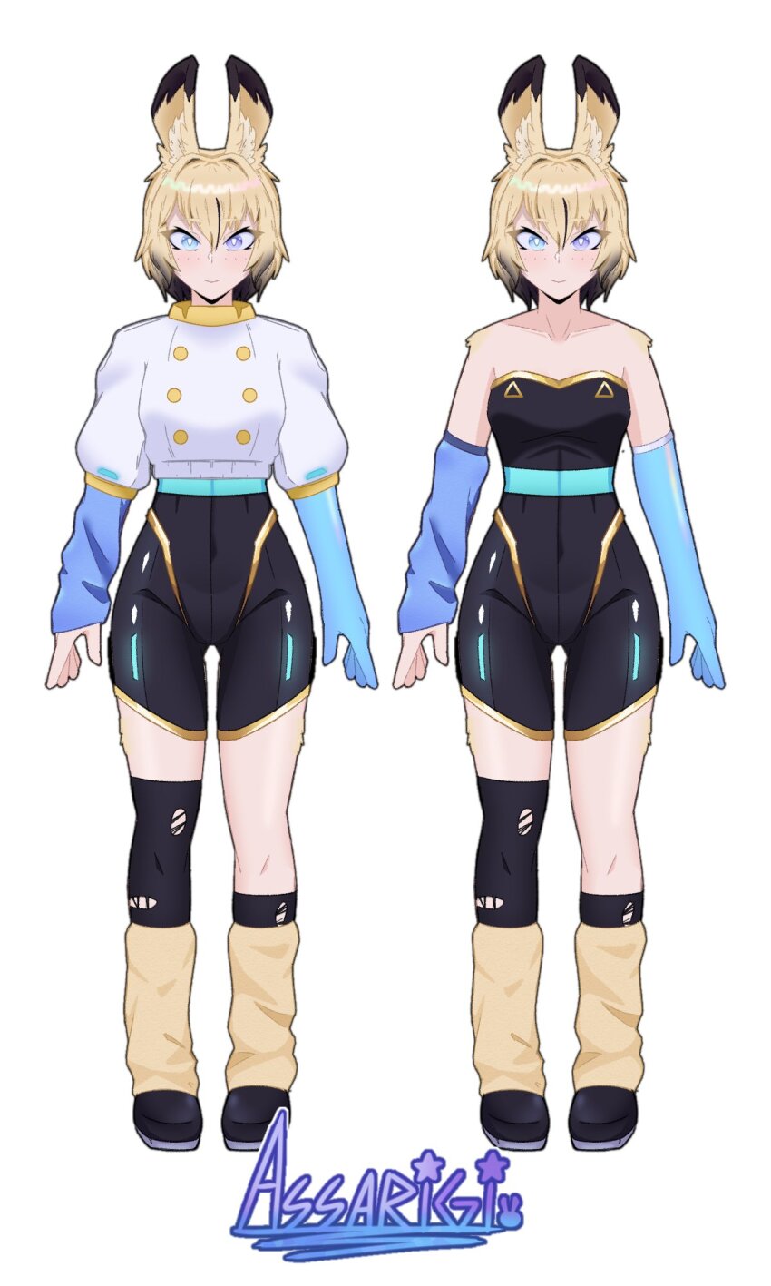 1girl animal_ear_fluff animal_ears arm_warmers assarigi black_leotard black_shoes blonde_hair cropped_hoodie elyra_(assarigi) heterochromia highres hood hoodie kneehighs leg_warmers leotard multicolored_hair neon_trim original prosthesis prosthetic_arm rabbit_ears rabbit_girl self-upload shoes short_hair short_sleeves socks