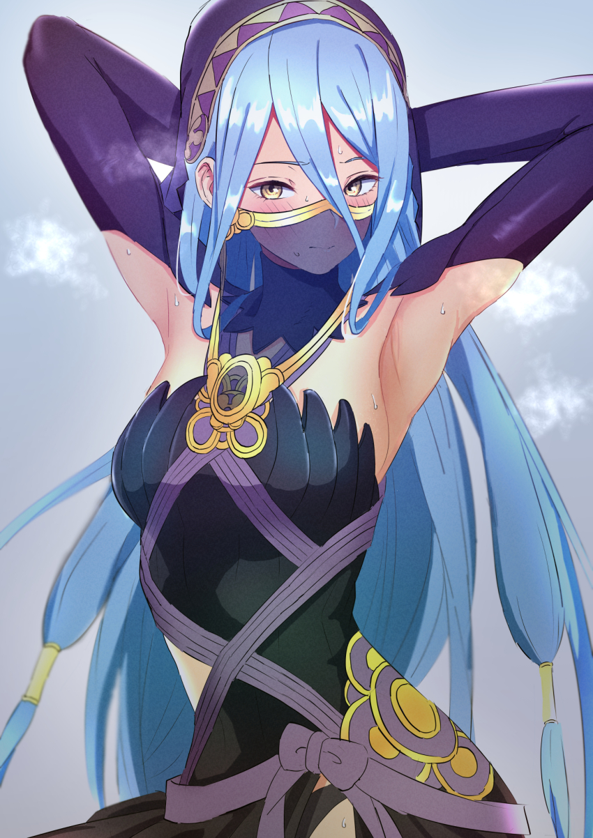 1girl armpit_focus armpits arms_behind_head azura_(fire_emblem) azura_(lady_of_ballads)_(fire_emblem) black_dress black_panties black_sleeves blue_hair blush breasts closed_mouth clothing_cutout commentary_request detached_collar detached_sleeves dress fire_emblem fire_emblem_fates fire_emblem_heroes gold_trim hair_between_eyes hair_tubes headdress highres long_hair looking_at_viewer medium_breasts mouth_veil nintendo official_alternate_costume panties partial_commentary presenting_armpit solo sweat underwear user_whku4538 veil very_long_hair yellow_eyes