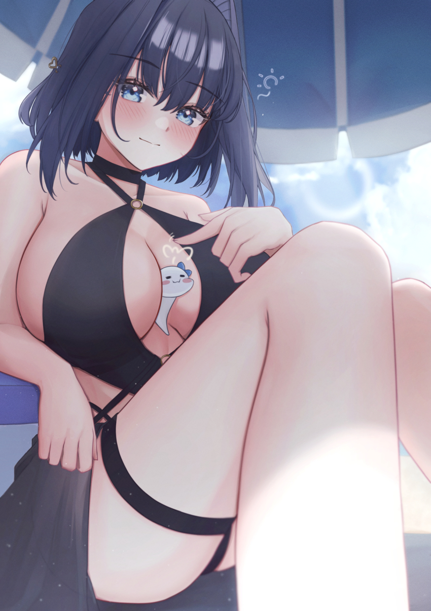 1girl absurdres arm_rest bare_shoulders beach_umbrella between_breasts bikini black_bikini black_hair blue_eyes blue_sky blush boros_(ouro_kronii) breasts cleavage cloud collarbone commentary criss-cross_halter day english_commentary hair_between_eyes hair_intakes halterneck hand_on_own_chest highres hololive hololive_english knees_up large_breasts light_particles mofu07519 o-ring o-ring_bikini ouro_kronii outdoors short_hair sitting sky swimsuit thigh_strap thighs umbrella under_umbrella virtual_youtuber