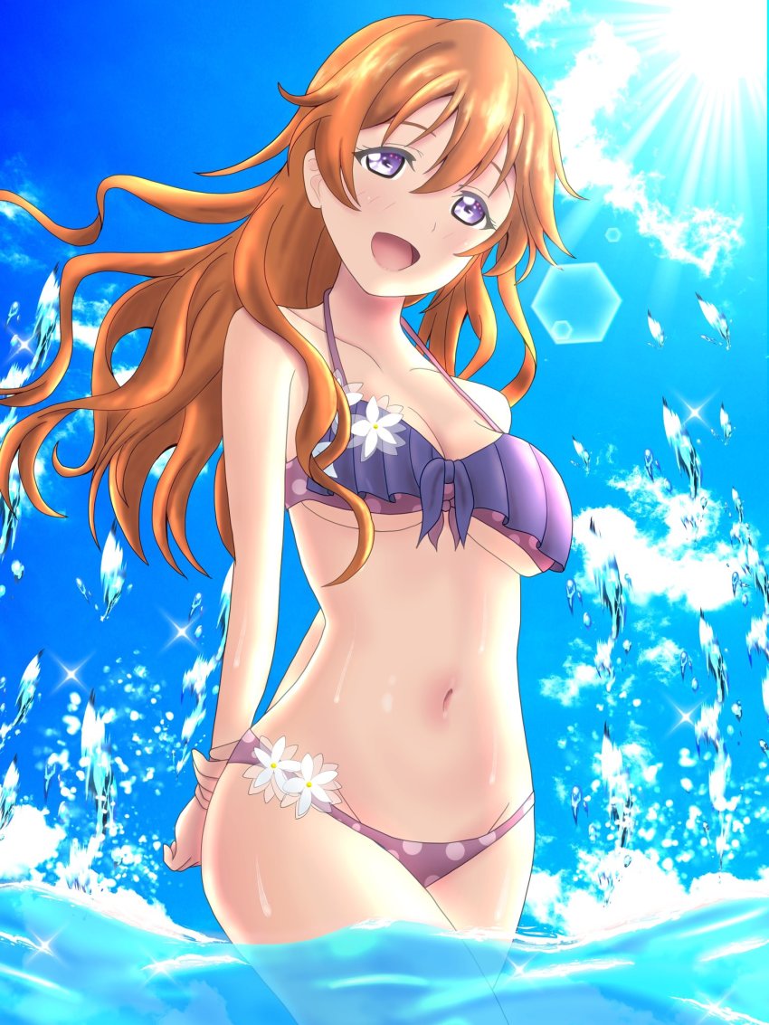 1girl arms_behind_back artist_name artist_request bare_legs bare_shoulders bikini bikini_skirt blue_sky blush breasts brown_hair cleavage cloud collarbone curly_hair day dress etzalindex female_focus floating_hair flower frilled_dress frills front-tie_bikini_top front-tie_top hair_between_eyes highres konoe_kanata long_hair looking_at_viewer love_live! love_live!_nijigasaki_high_school_idol_club ocean outdoors parted_lips polka_dot_bikini_top purple_bikini purple_eyes sky smile solo string_bikini sun sunlight swimsuit wavy_hair white_flower