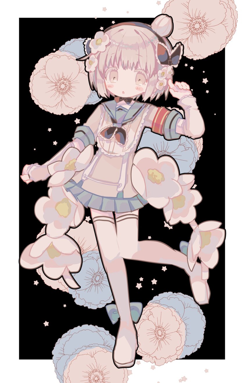1girl absurdres black_hairband black_neckerchief black_outline blue_bow blue_sailor_collar blue_skirt border bow floral_background flower full_body grey_hair grey_shirt hair_flower hair_ornament hairband hand_up highres looking_at_viewer magical_girl mahou_shoujo_ikusei_keikaku muted_color neckerchief outline pink_hair pleated_skirt sailor_collar shirt short_hair simple_background skirt snow_white_(mahoiku) solo standing standing_on_one_leg thighhighs usagi_nui white_background white_border white_flower white_thighhighs yellow_eyes